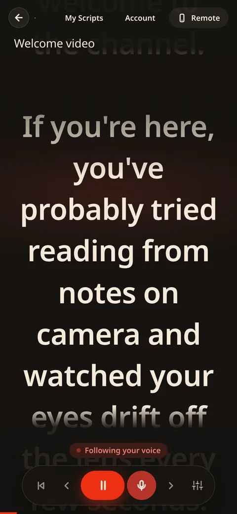 The prompter on a phone with voice follow on: the line being read glows and a Following your voice badge sits above the controls