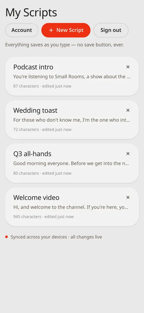 My Scripts on a phone: four scripts with previews and character counts, synced across devices